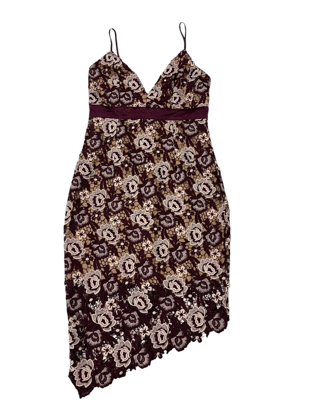 Bardot Dalia Asymmetrical Lace Midi Dress - Burgundy Floral - US 6/Small